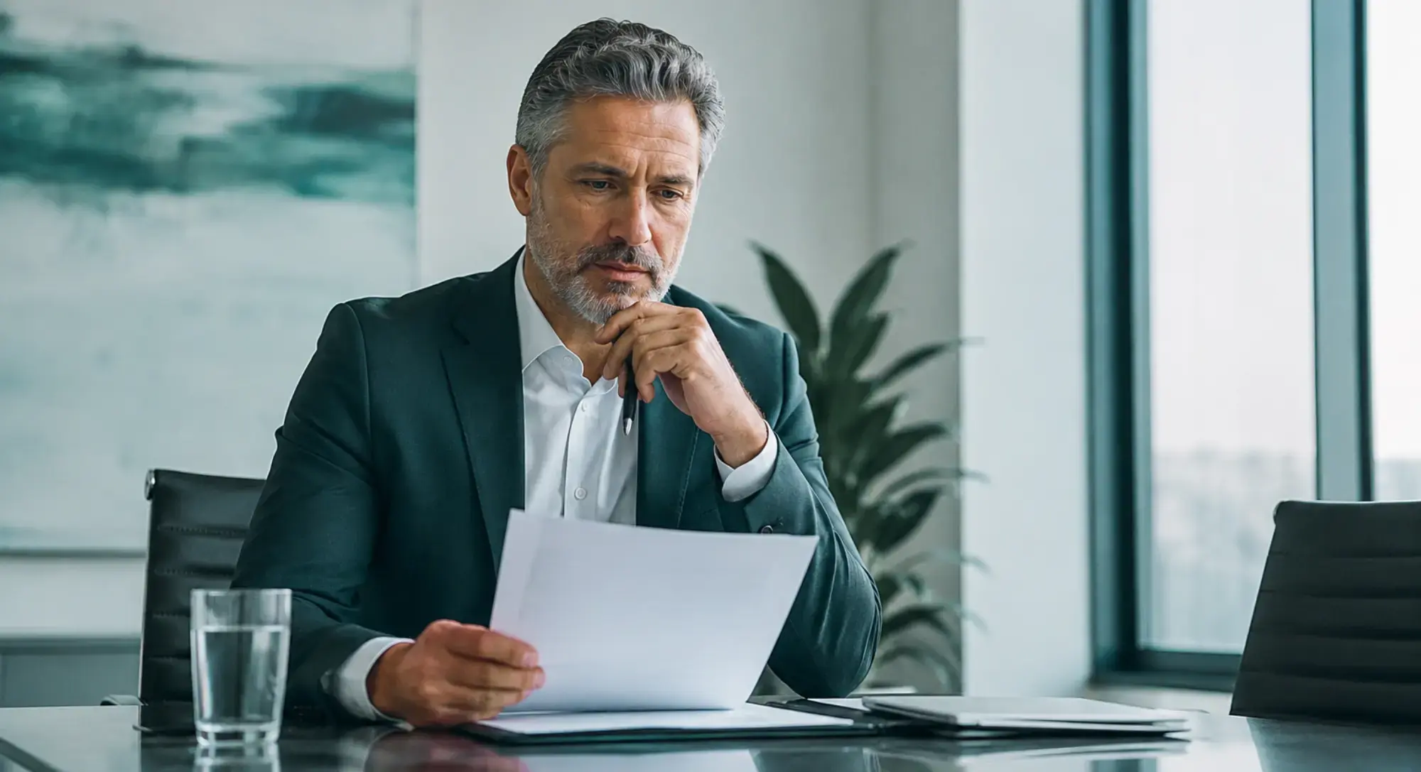 A senior marketing executive sitting across a boardroom table, carefully reviewing a document, with a thoughtful and evaluative expression.