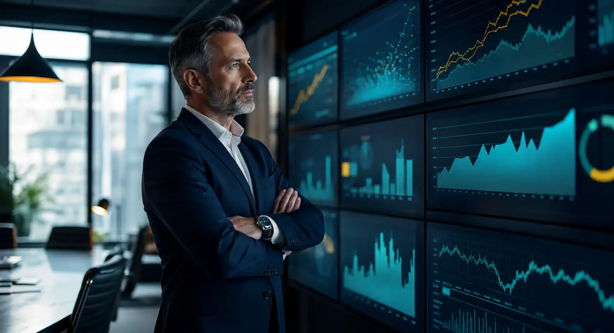 A senior marketing executive reviews performance dashboards in a modern boardroom, symbolising strong media governance, oversight, and accountable decision making.